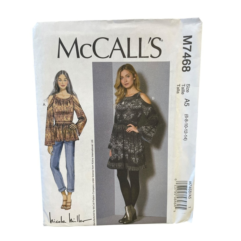 McCall's M7468 Tunic Dress A5 (6-14) Cold Shoulder Bell Sleeve Nicole Miller